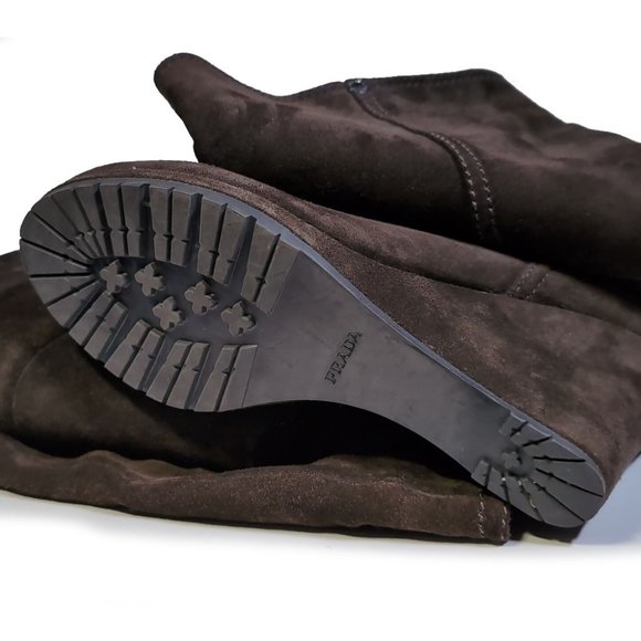 PRADA 36 Prada Sport Tall Brown Suede Wedge Heel Boots Size 6 - Picture 7 of 7